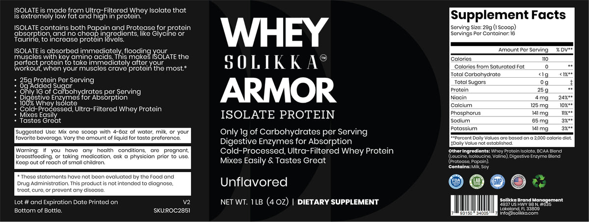 Whey Armor Isolate Protein Powder – 100% Whey Isolate, Unflavored (1 lb / 16 Servings)