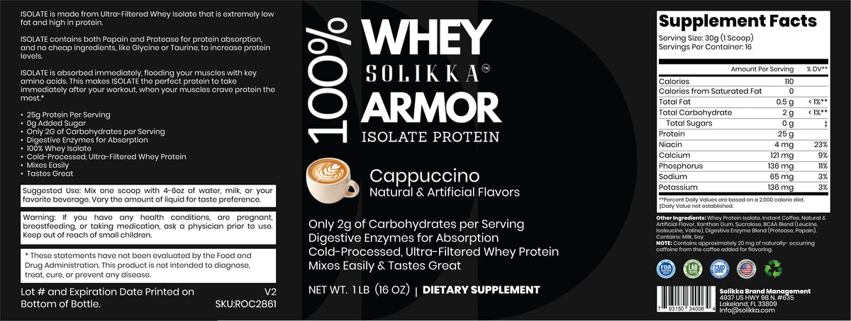 100% Whey Armor Isolate Protein Powder – Cappuccino Flavor (1 lb / 16 Servings)
