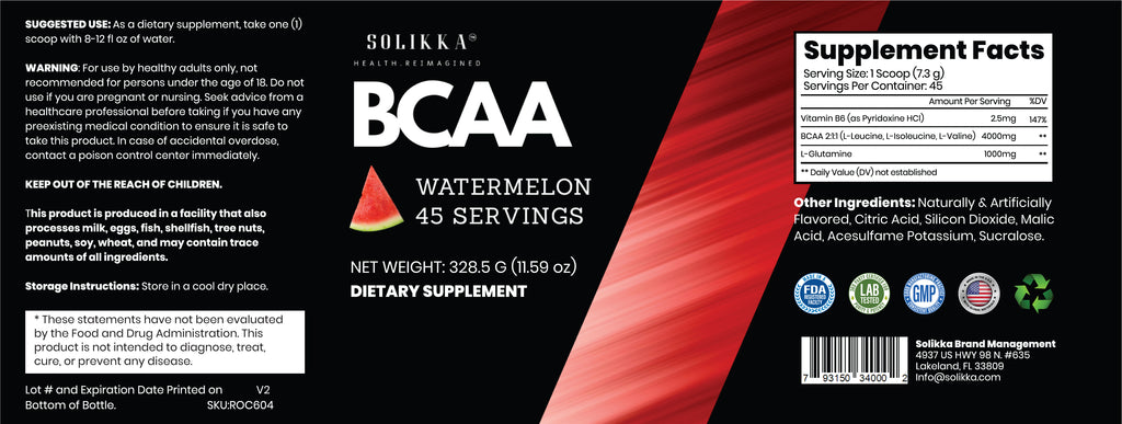 BCAA Powder – 2:1:1 Ratio with L-Glutamine, Watermelon (45 Servings)