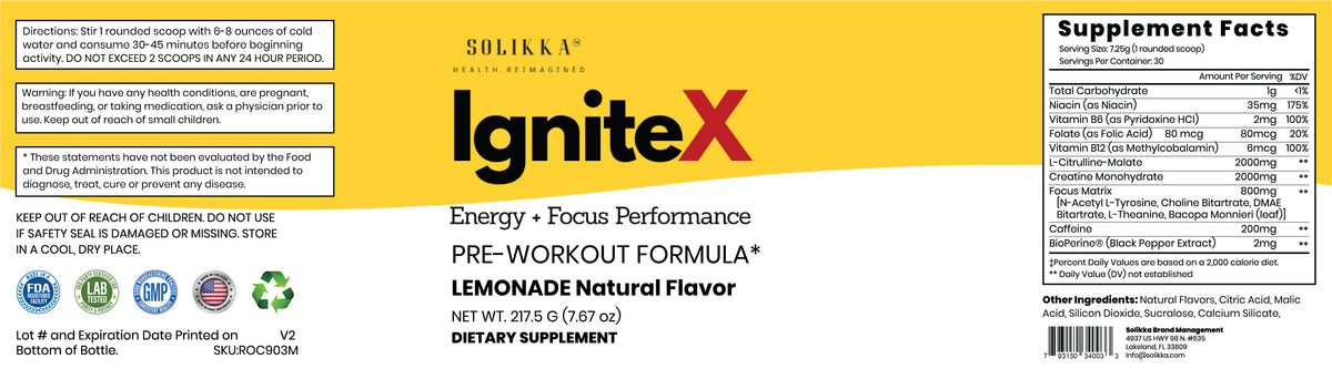 IgniteX Pre-Workout Formula – Energy + Focus Performance, Lemonade (30 Servings)